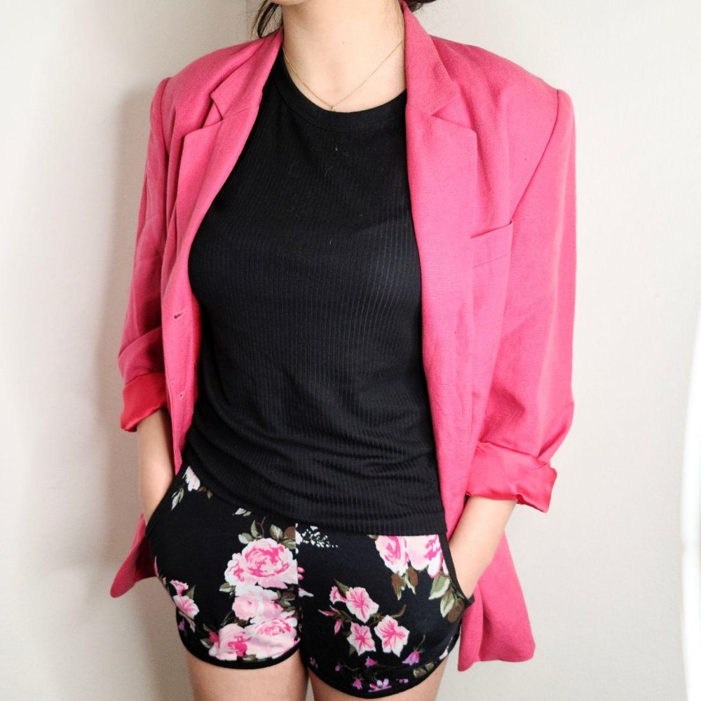 Vintage artwork embroidered blazer-Bubblegum Pink